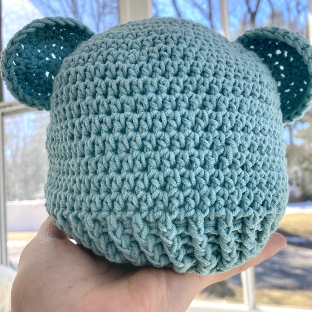 Crocheted bear hat toddler size cotton acrylic blend handmade color aqua breeze